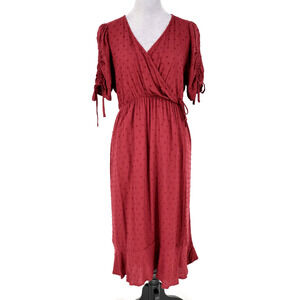 Torrid Dress 00 Womens Medium Burgundy Swiss Dot Ruched Sleeves Ruffle Hem New